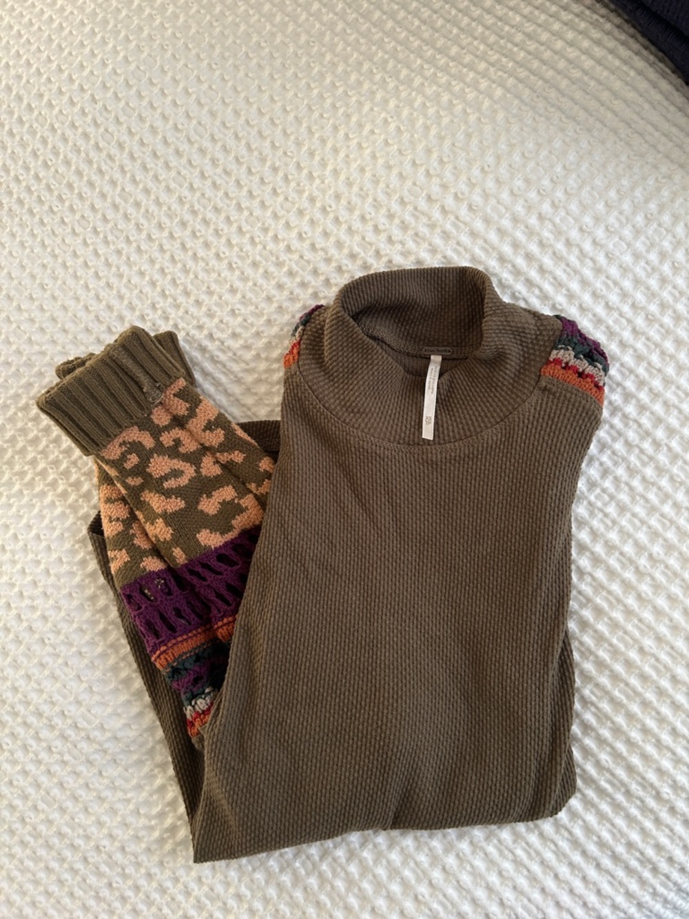 Free People Olive Green Waffle Knit Sweater with Multicolor Sleeve Details